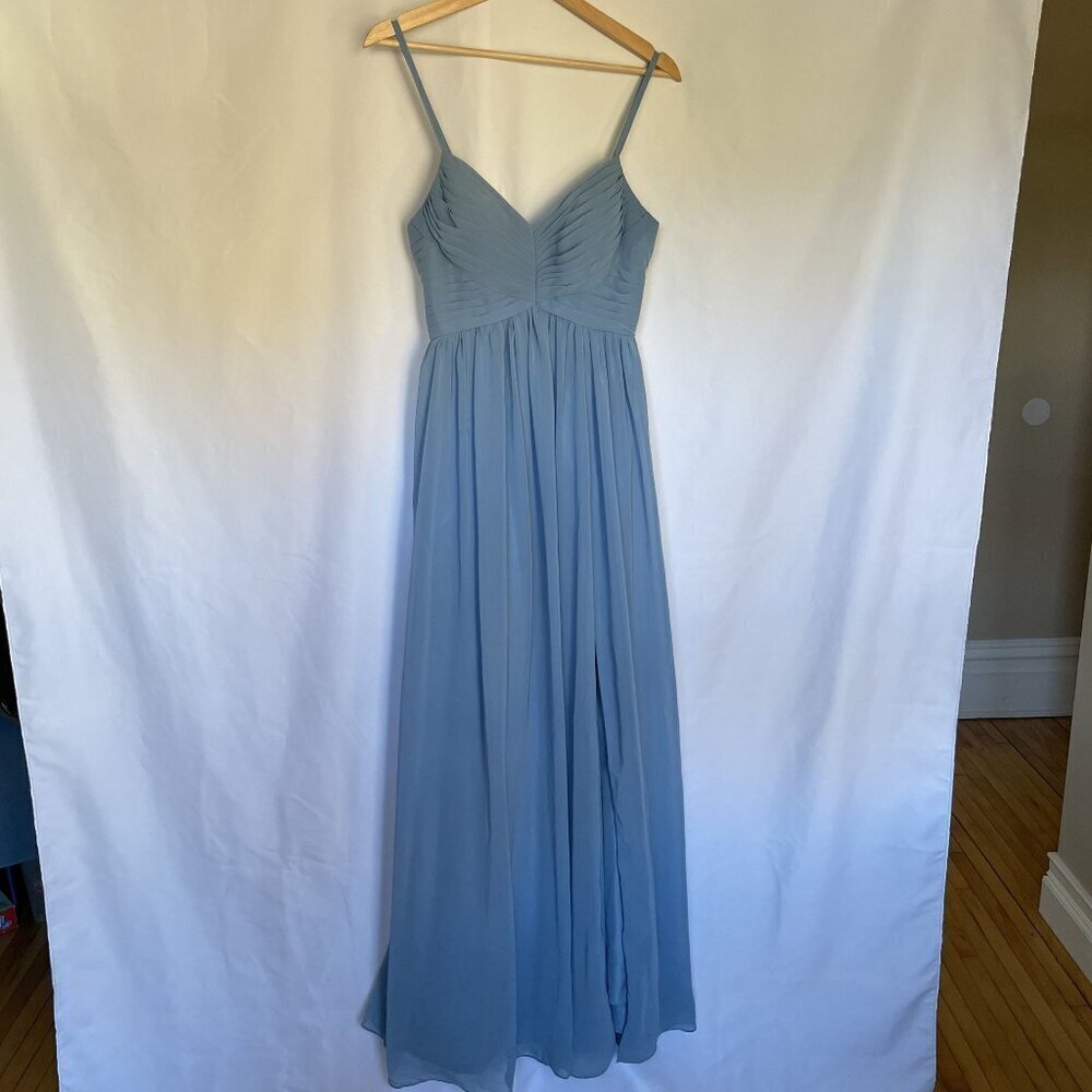 Azazie Alia dusty blue custom design formal bridesmaid dress spaghetti straps